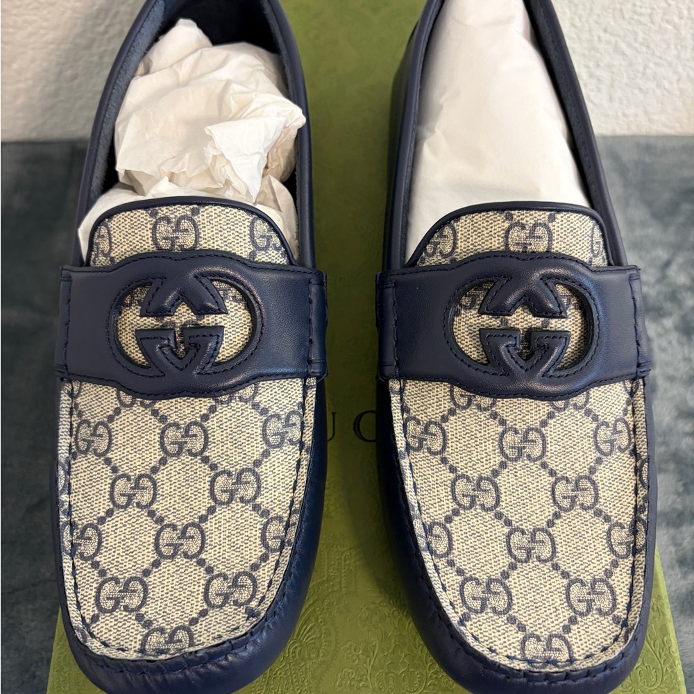 Gucci Navy Blue and Beige GG Canvas Loafers Unisex